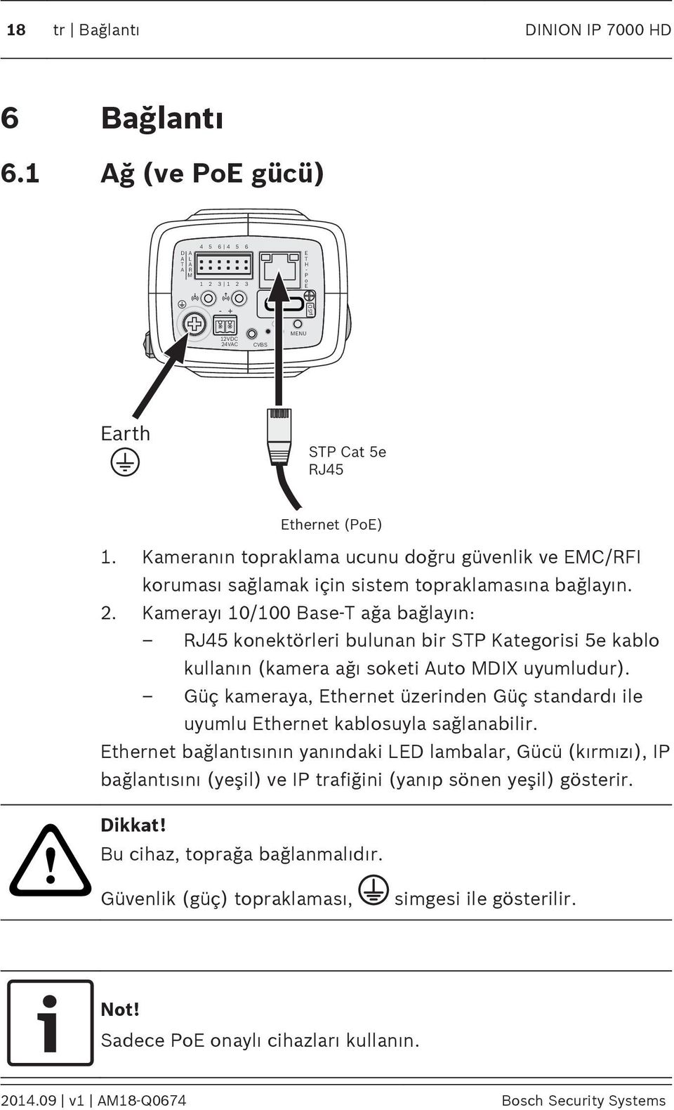 Kamerayı 10/100 Base-T ağa bağlayın: RJ45 konektörleri bulunan bir STP Kategorisi 5e kablo kullanın (kamera ağı soketi uto MDIX uyumludur).