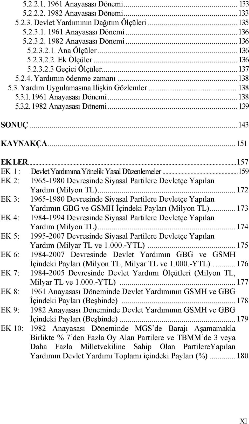 ..139 SONUÇ...143 KAYNAKÇA... 151 EK LER...157 EK 1 : Devlet Yardımına Yönelik Yasal Düzenlemeler...159 EK 2: 1965-1980 Devresinde Siyasal Partilere Devletçe Yapılan Yardım (Milyon TL).