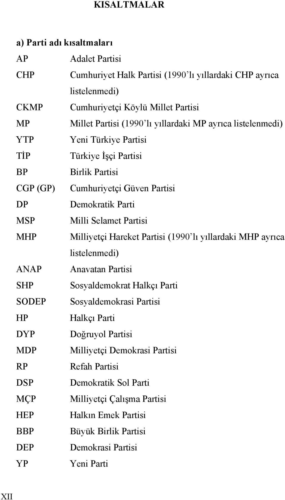 Milliyetçi Hareket Partisi (1990 lı yıllardaki MHP ayrıca listelenmedi) ANAP Anavatan Partisi SHP Sosyaldemokrat Halkçı Parti SODEP Sosyaldemokrasi Partisi HP Halkçı Parti DYP Doğruyol Partisi