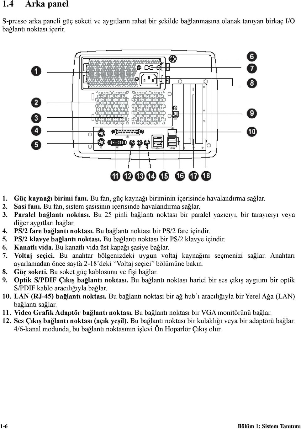 Bu 25 pinli bağlantı noktası bir paralel yazıcıyı, bir tarayıcıyı veya diğer aygıtları bağlar. 4. PS/2 fare bağlantı noktası. Bu bağlantı noktası bir PS/2 fare içindir. 5.