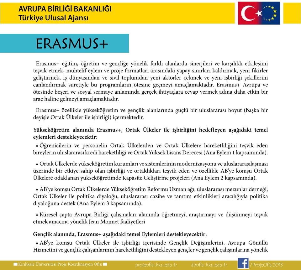 ötesine geçmeyi amaçlamaktadır. Erasmus+ Avrupa ve ötesinde beşeri ve sosyal sermaye anlamında gerçek ihtiyaçlara cevap vermek adına daha etkin bir araç haline gelmeyi amaçlamaktadır.