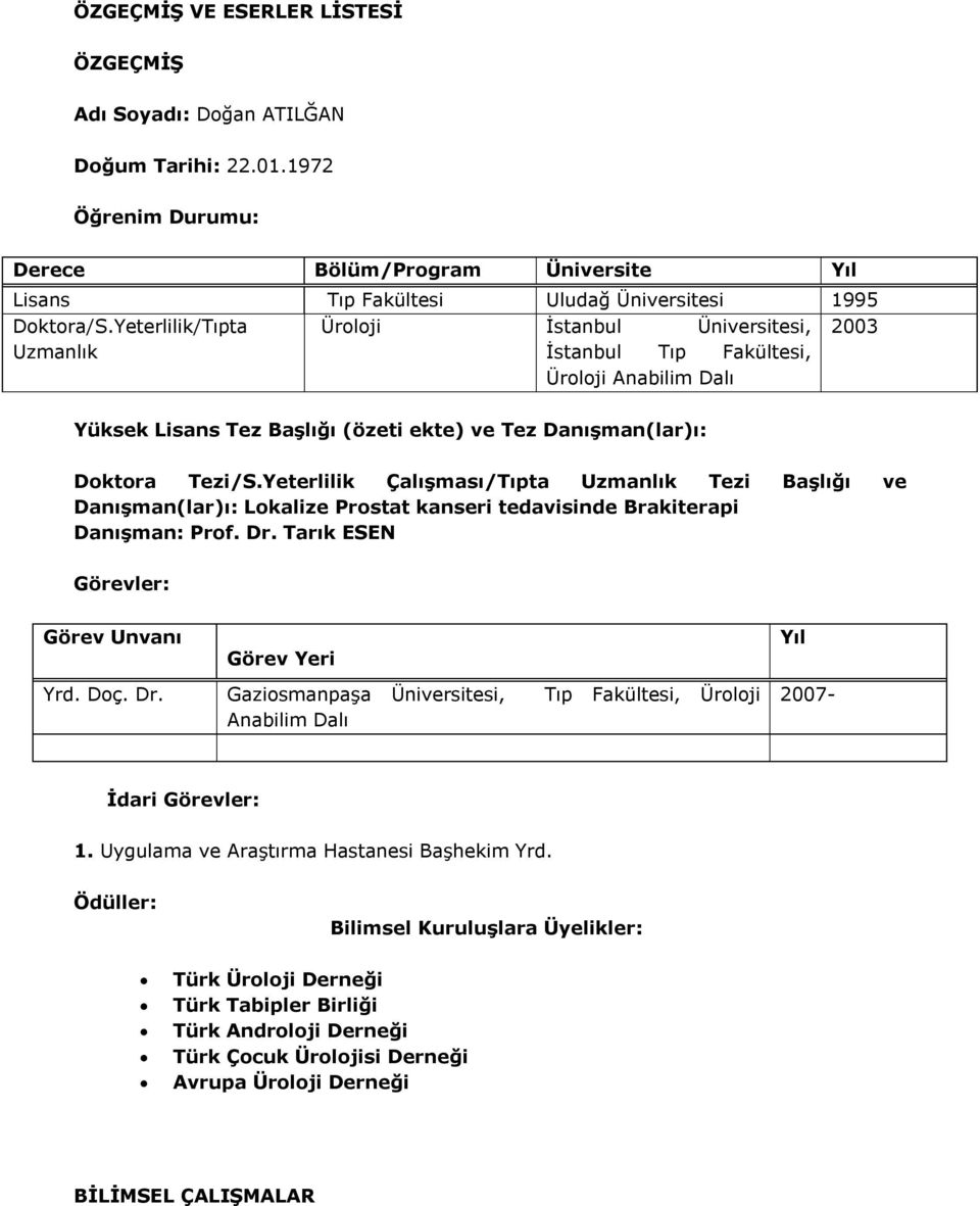 Yeterlilik Çalışması/Tıpta Uzmanlık Tezi Başlığı ve Danışman(lar)ı: Lokalize Prostat kanseri tedavisinde Brakiterapi Danışman: Prof. Dr.