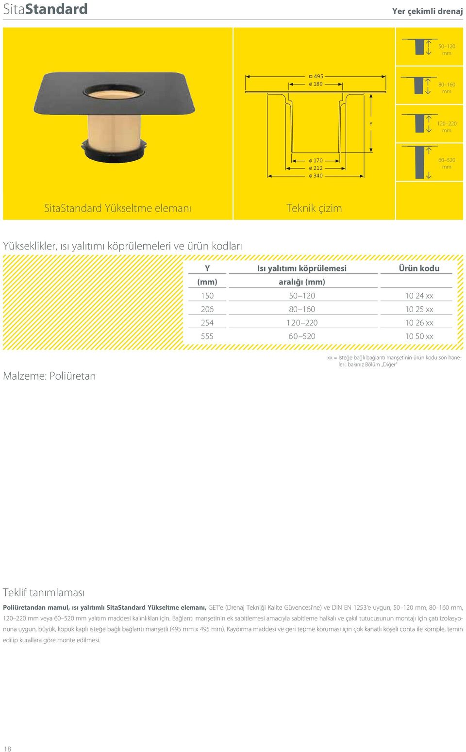 Bölüm Diğer Teklif tanımlaması Poliüretandan mamul, ısı yalıtımlı SitaStandard Yükseltme elemanı, GET e (Drenaj Tekniği Kalite Güvencesi ne) ve DIN EN 1253 e uygun, 50 120 mm, 80 160 mm, 120 220 mm
