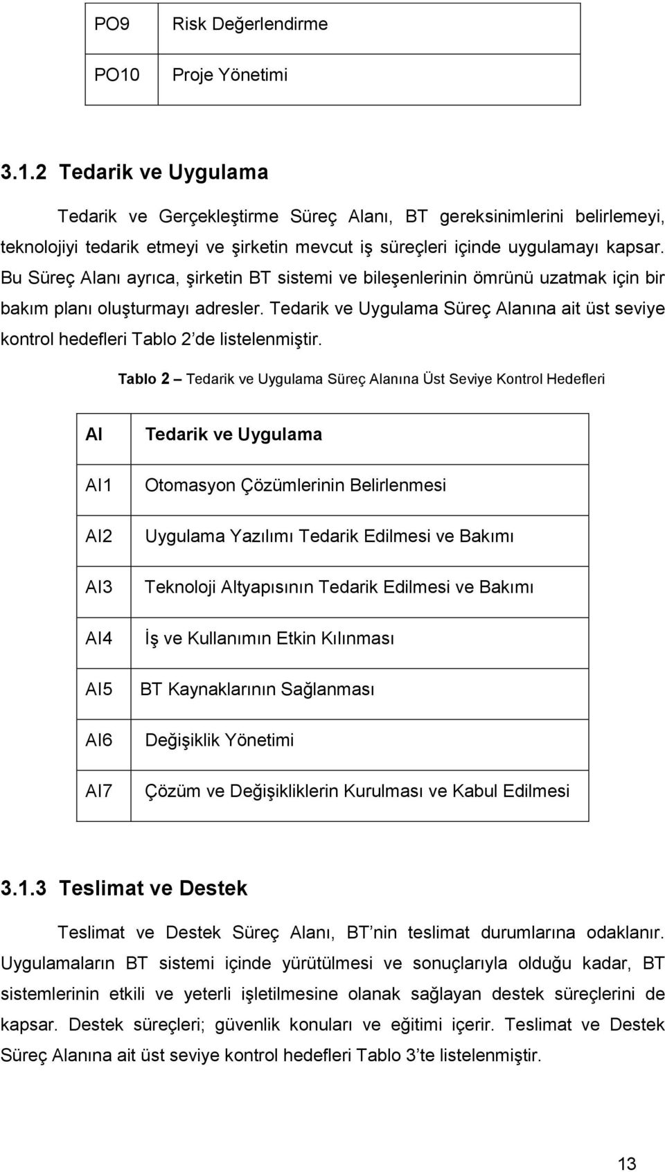 Tedarik ve Uygulama Süreç Alanına ait üst seviye kontrol hedefleri Tablo 2 de listelenmiģtir.