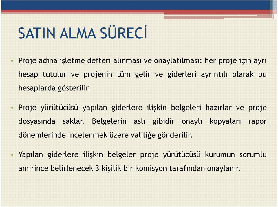 Proje yürütücüsü yapılan giderlere ilişkin belgeleri hazırlar ve proje dosyasında saklar.