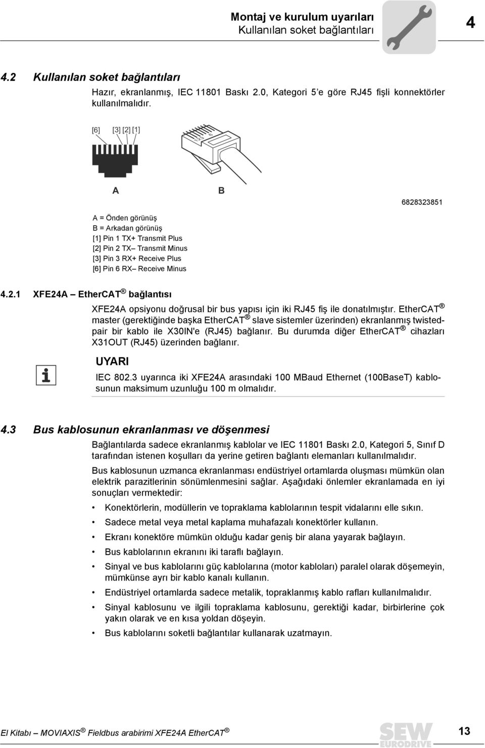 EtherCAT master (gerektiğinde başka EtherCAT slave sistemler üzerinden) ekranlanmış twistedpair bir kablo ile X30IN'e (RJ45) bağlanır.