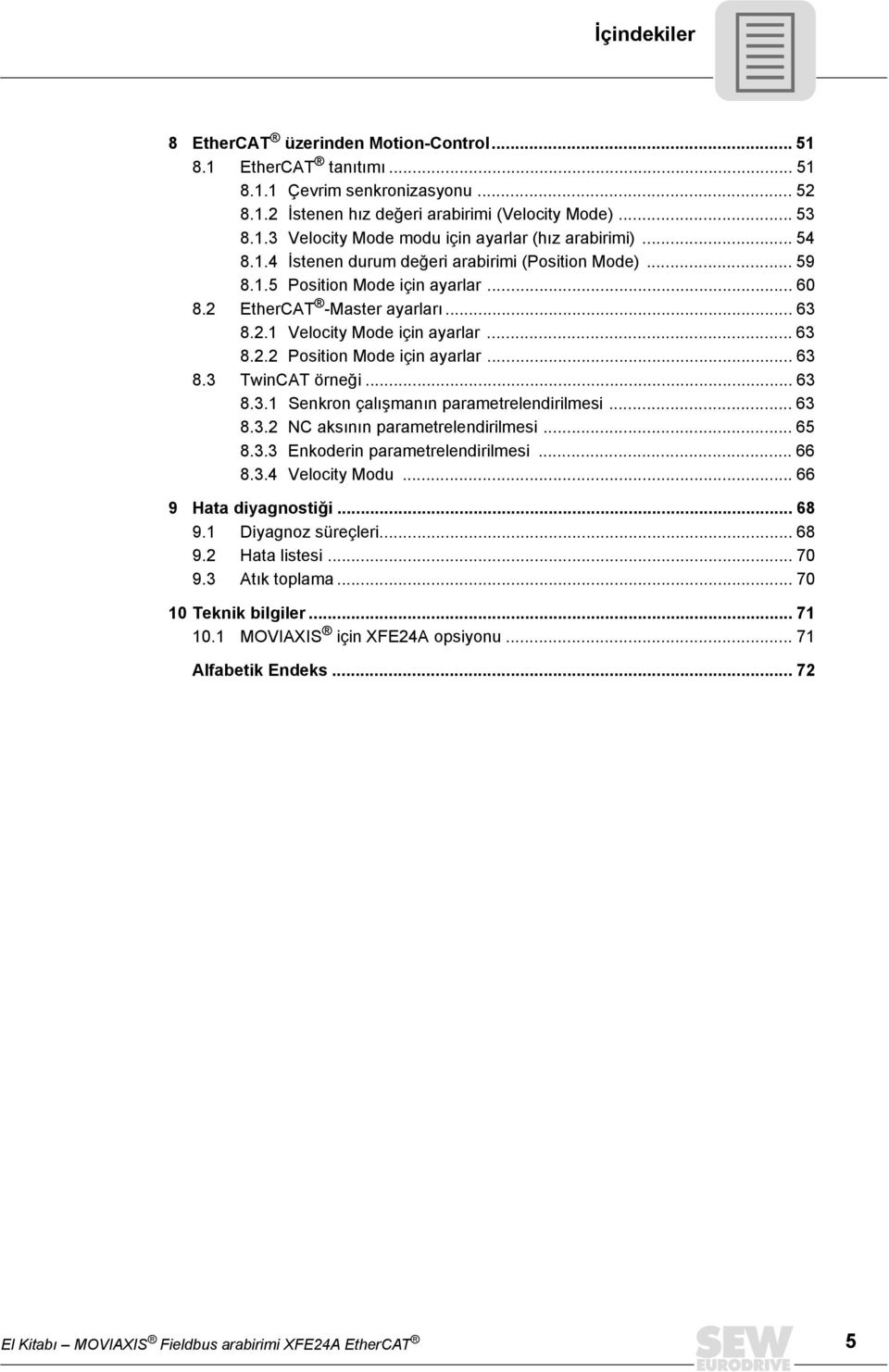 .. 63 8.3 TwinCAT örneği... 63 8.3.1 Senkron çalışmanın parametrelendirilmesi... 63 8.3.2 NC aksının parametrelendirilmesi... 65 8.3.3 Enkoderin parametrelendirilmesi... 66 8.3.4 Velocity Modu.