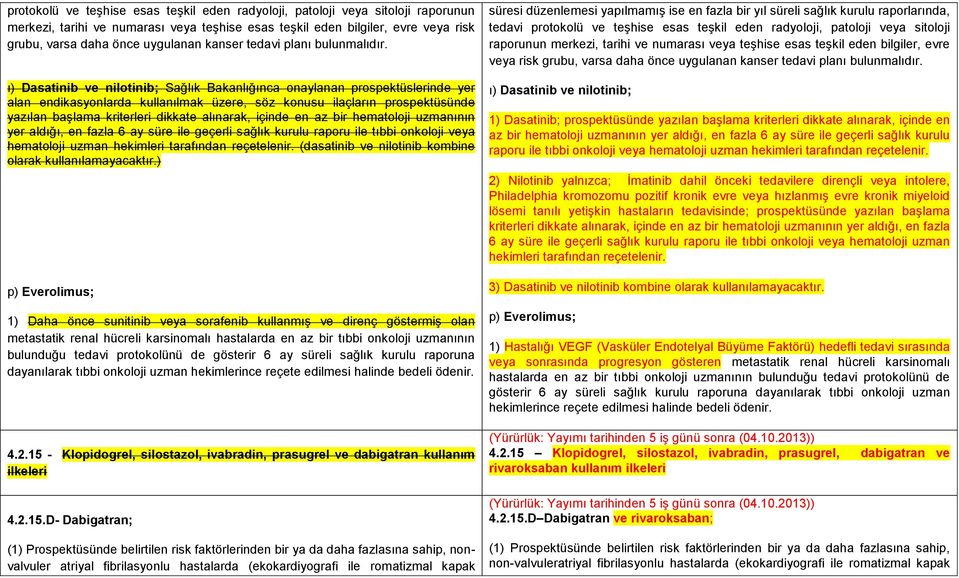 ı) Dasatinib ve nilotinib; Sağlık Bakanlığınca onaylanan prospektüslerinde yer alan endikasyonlarda kullanılmak üzere, söz konusu ilaçların prospektüsünde yazılan başlama kriterleri dikkate alınarak,