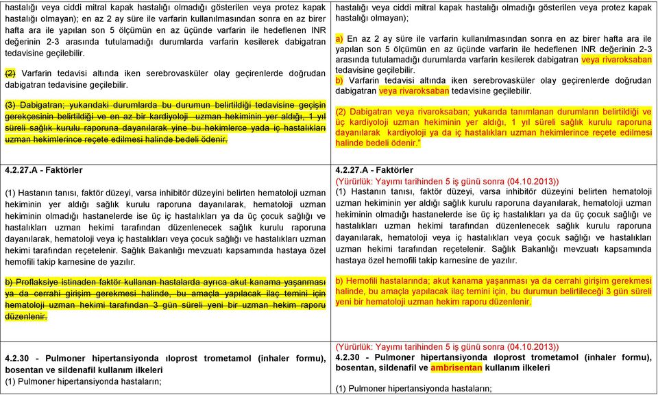 (2) Varfarin tedavisi altında iken serebrovasküler olay geçirenlerde doğrudan dabigatran tedavisine geçilebilir.