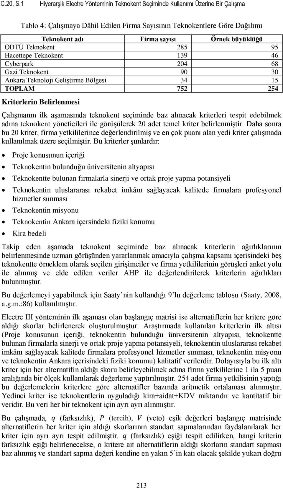 büyüklüğü ODTÜ Teknokent 285 95 Hacettepe Teknokent 139 46 Cyberpark 204 68 Gazi Teknokent 90 30 Ankara Teknoloji Geliştirme Bölgesi 34 15 TOPLAM 752 254 Kriterlerin Belirlenmesi Çalışmanın ilk