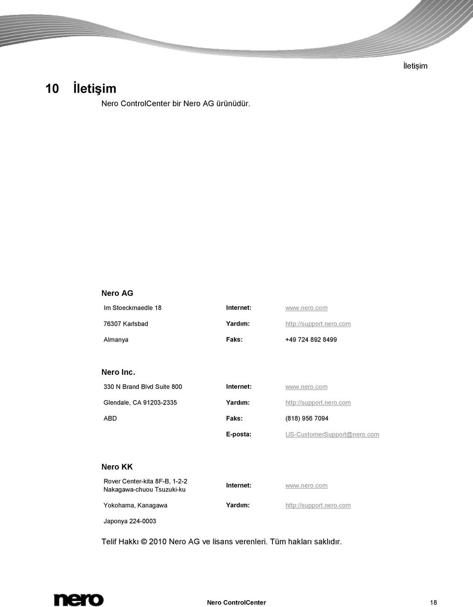 com Nero KK Rover Center-kita 8F-B, 1-2-2 Nakagawa-chuou Tsuzuki-ku Internet: www.nero.com Yokohama, Kanagawa Yardım: http://support.nero.com Japonya 224-0003 Telif Hakkı 2010 Nero AG ve lisans verenleri.