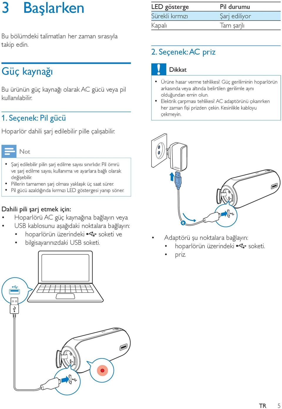 Dikkat Ürüne hasar verme tehlikesi! Güç geriliminin hoparlörün arkasında veya altında belirtilen gerilimle aynı olduğundan emin olun. Elektrik çarpması tehlikesi!