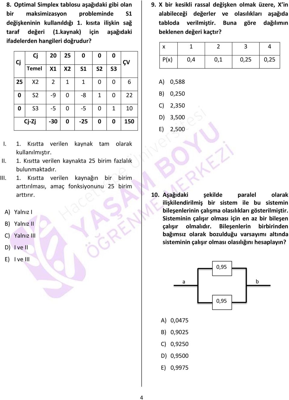 III. 1. Kısıtta verilen kaynağın bir birim arttırılması, amaç fonksiyonunu 25 birim arttırır. A) Yalnız I B) Yalnız II C) Yalnız III D) I ve II E) I ve III 9.