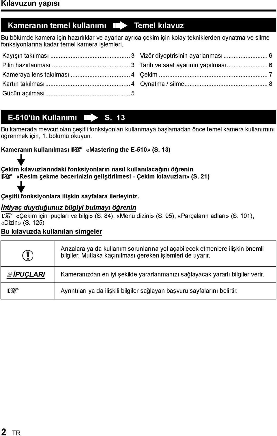 .. 4 Oynatma / silme... 8 Gücün açılması... 5 E-510'ün Kullanımı S. 13 Bu kamerada mevcut olan çeşitli fonksiyonları kullanmaya başlamadan önce temel kamera kullanımını öğrenmek için, 1.