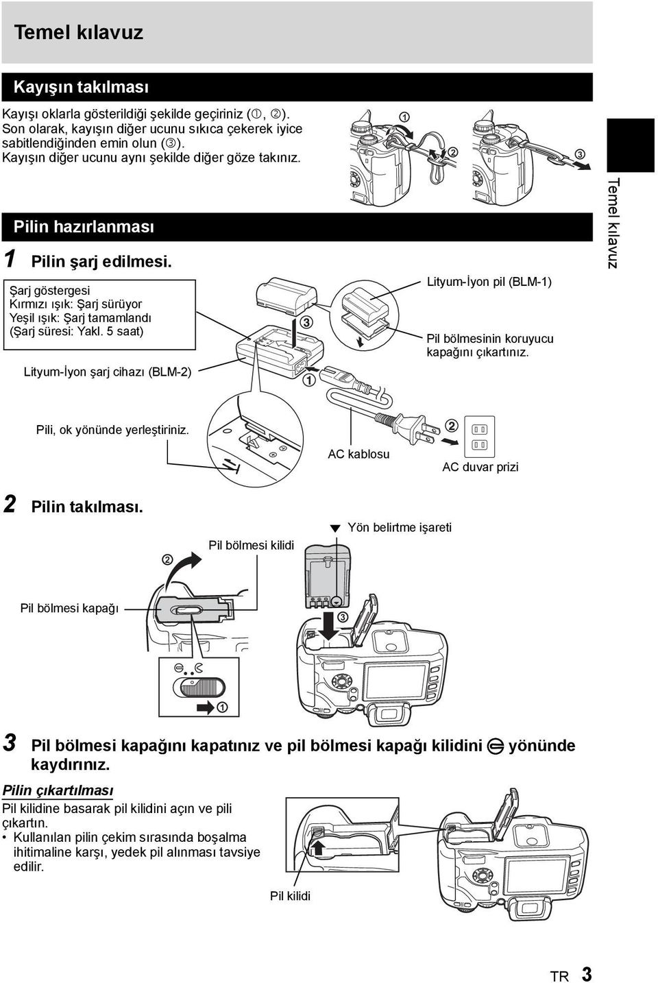 5 saat) Lityum-İyon şarj cihazı (BLM-2) Lityum-İyon pil (BLM-1) Pil bölmesinin koruyucu kapağını çıkartınız. Temel kılavuz Pili, ok yönünde yerleştiriniz. AC kablosu AC duvar prizi 2 Pilin takılması.