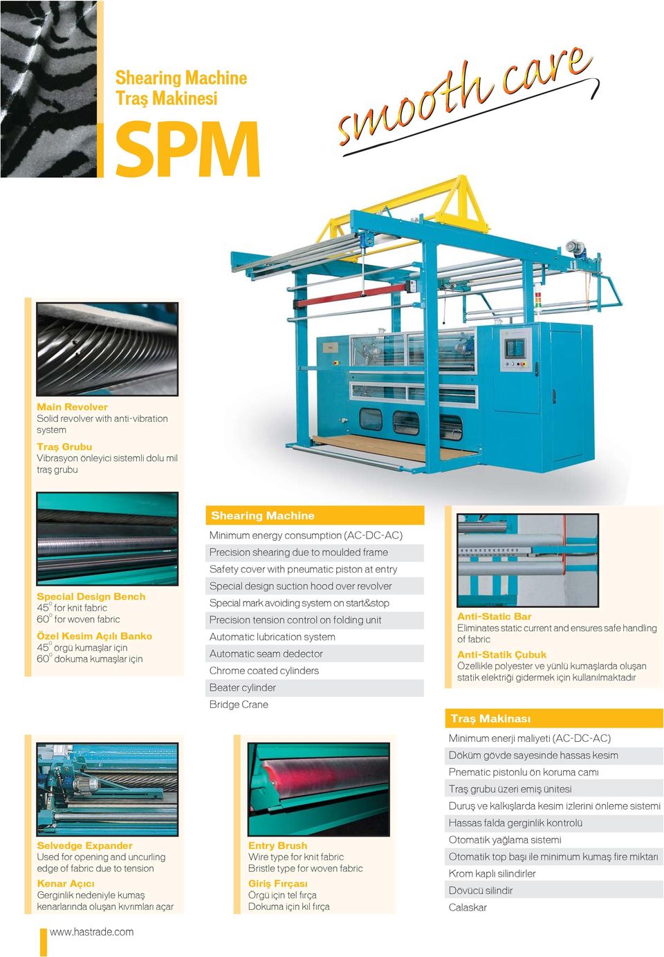 Gerginlik nedeniyle kumafl kenarlar nda oluflan k vr mlar açar Minimum energy consumption (AC-DC-AC) Precision shearing due to moulded frame Safety cover with pneumatic piston at entry Special design