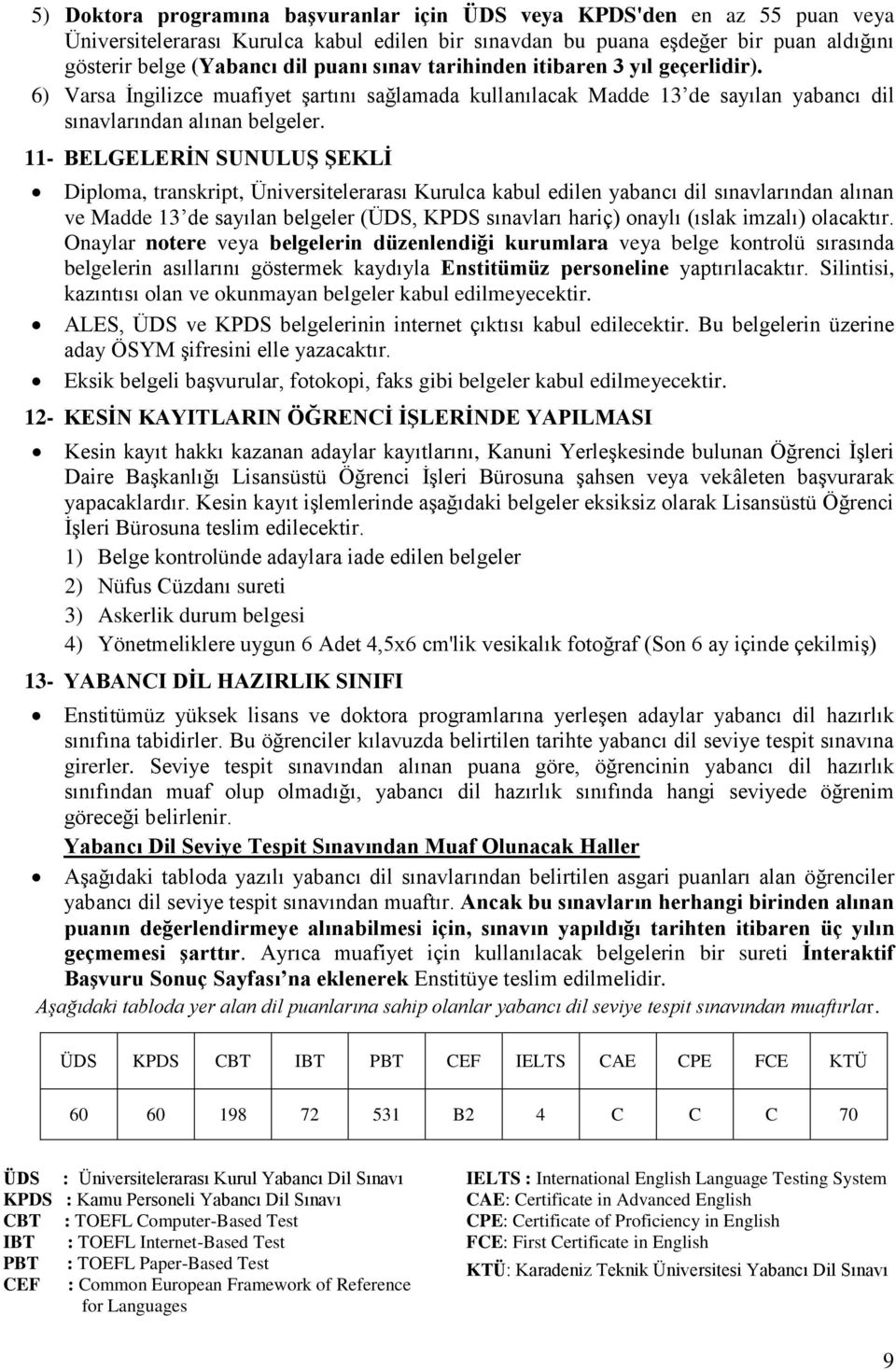 11- BELGELERİN SUNULUŞ ŞEKLİ Diploma, transkript, Üniversitelerarası Kurulca kabul edilen yabancı dil sınavlarından alınan ve Madde 13 de sayılan belgeler (ÜDS, KPDS sınavları hariç) onaylı (ıslak