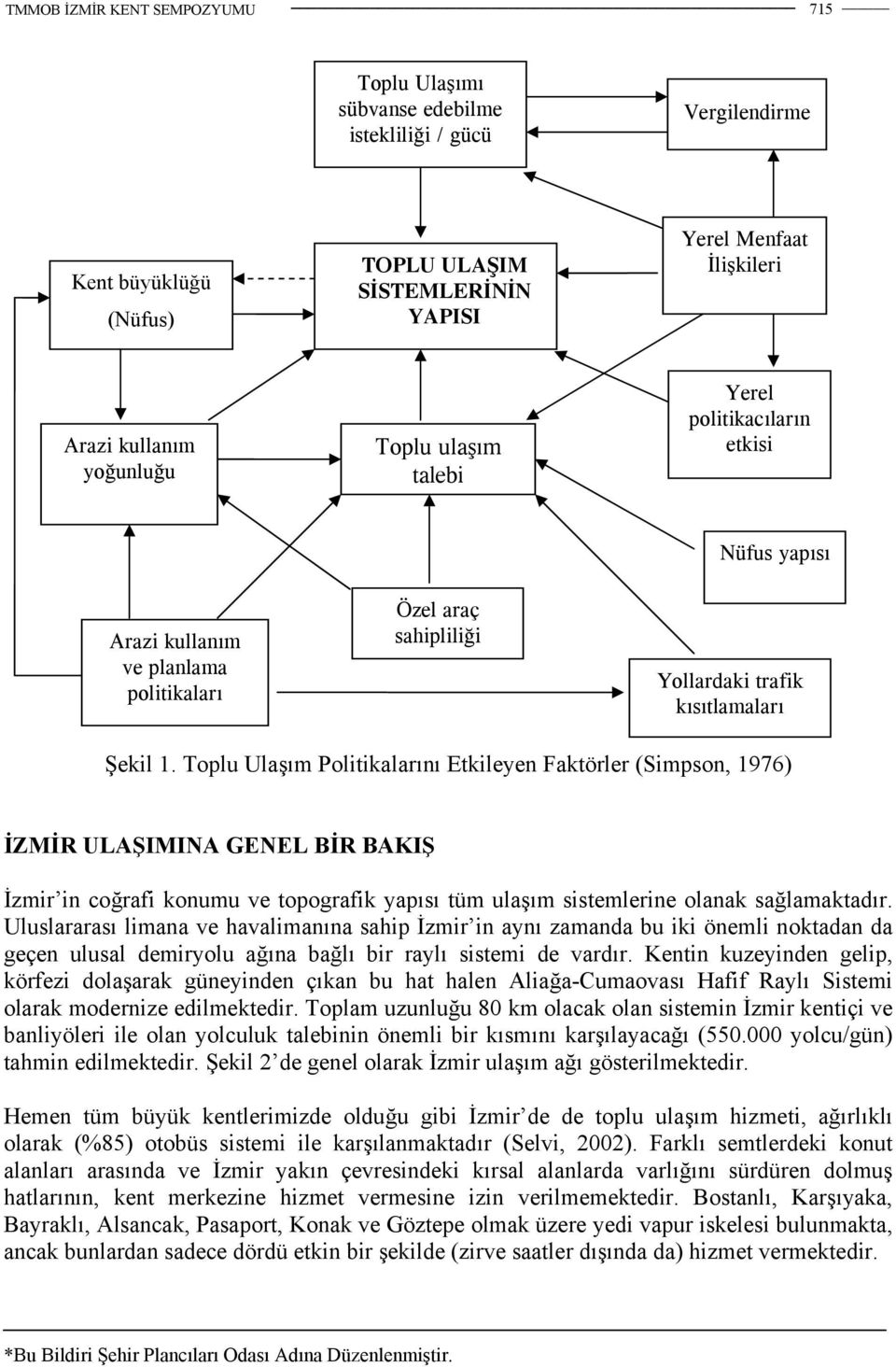 Toplu Ulaşım Politikalarını Etkileyen Faktörler (Simpson, 1976) İZMİR ULAŞIMINA GENEL BİR BAKIŞ İzmir in coğrafi konumu ve topografik yapısı tüm ulaşım sistemlerine olanak sağlamaktadır.