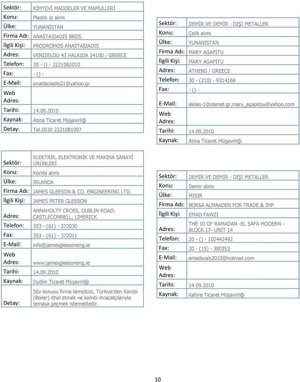com ELEKTRĠK, ELEKTRONĠK VE MAKĠNA SANAYĠ ÜRÜNLERĠ Kombi alımı ĠRLANDA Firma Adı: JAMES GLEESON & CO. ENGINEERING LTD.