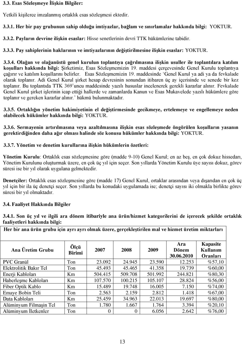 3.3.4. Olağan ve olağanüstü genel kurulun toplantıya çağrılmasına iliģkin usuller ile toplantılara katılım koģulları hakkında bilgi: ġirketimiz, Esas SözleĢmemizin 19.