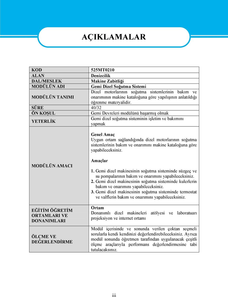 SÜRE 40/32 ÖN KOŞUL Gemi Devreleri modülünü başarmış olmak YETERLİK Gemi dizel soğutma sisteminin işletim ve bakımını yapmak Genel Amaç Uygun ortam sağlandığında dizel motorlarının soğutma