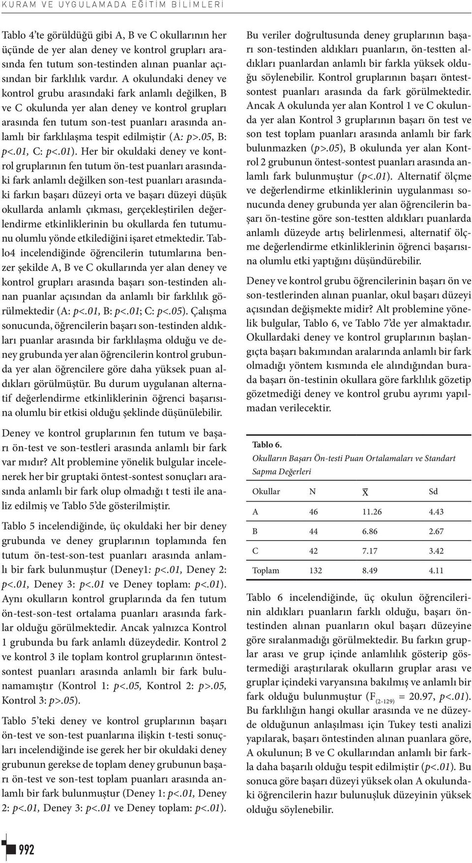 A okulundaki deney ve kontrol grubu arasındaki fark anlamlı değilken, B ve C okulunda yer alan deney ve kontrol grupları arasında fen tutum son-test puanları arasında anlamlı bir farklılaşma tespit