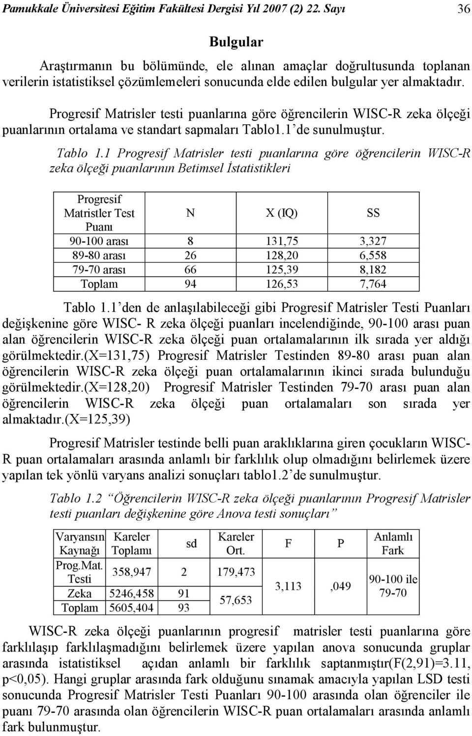 Progresif Matrisler testi puanlarına göre öğrencilerin WISC-R zeka ölçeği puanlarının ortalama ve standart sapmaları Tablo1.1 de sunulmuştur. Tablo 1.