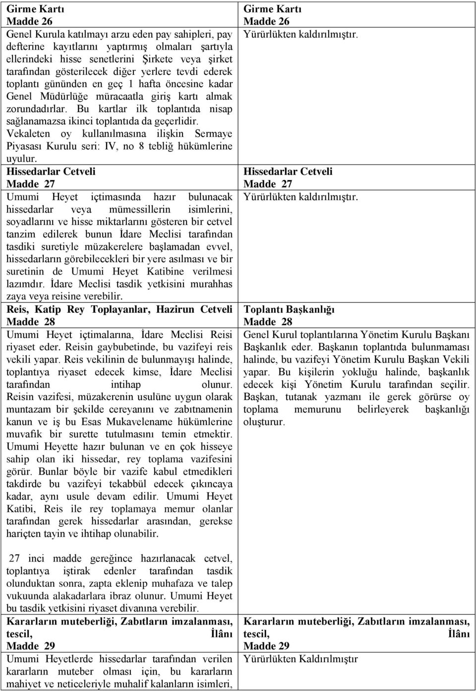 Bu kartlar ilk toplantıda nisap sağlanamazsa ikinci toplantıda da geçerlidir. Vekaleten oy kullanılmasına ilişkin Sermaye Piyasası Kurulu seri: IV, no 8 tebliğ hükümlerine uyulur.