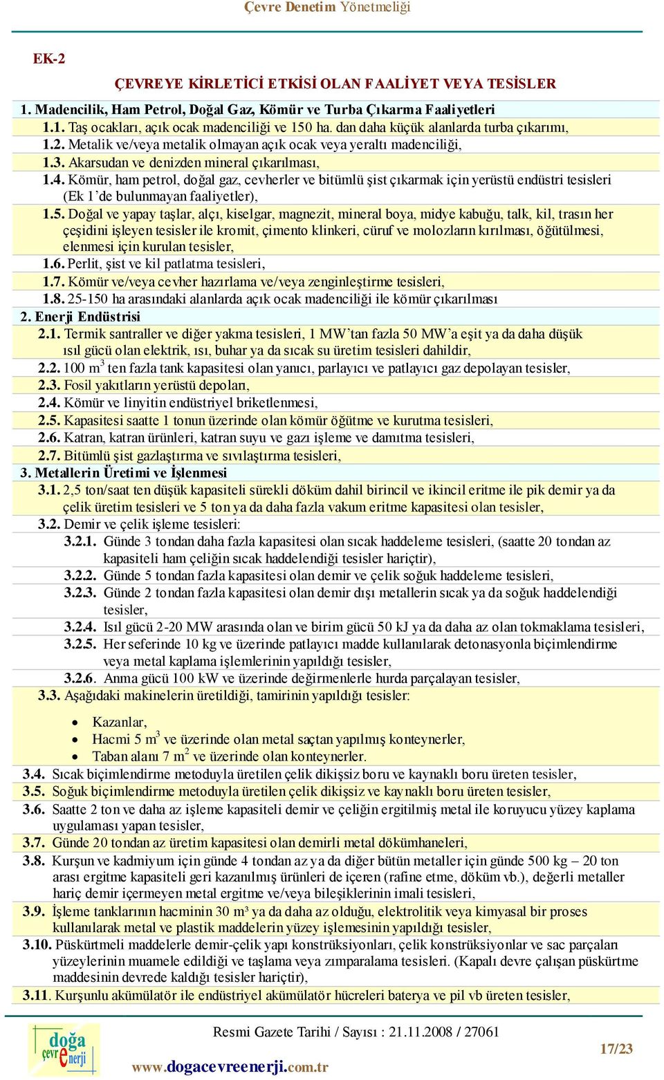 Kömür, ham petrol, doğal gaz, cevherler ve bitümlü şist çıkarmak için yerüstü endüstri tesisleri (Ek 1 de bulunmayan faaliyetler), 1.5.