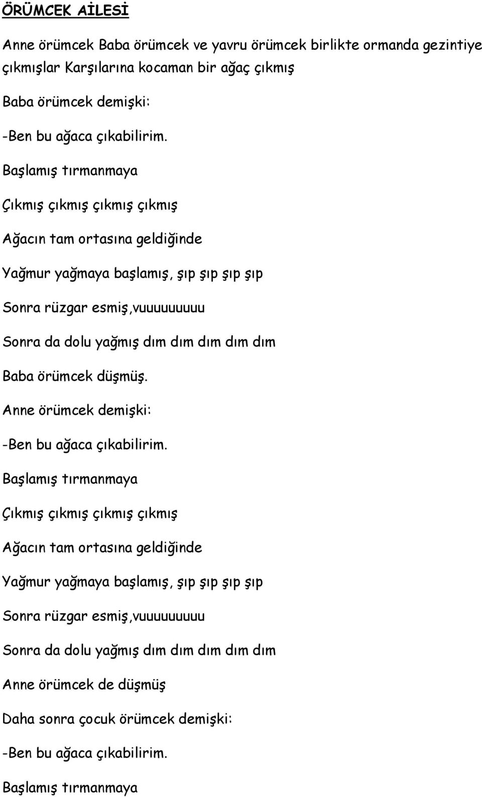 dım dım Baba örümcek düģmüģ. Anne örümcek demiģki: -Ben bu ağaca çıkabilirim.  dım dım Anne örümcek de düģmüģ Daha sonra çocuk örümcek demiģki: -Ben bu ağaca çıkabilirim.