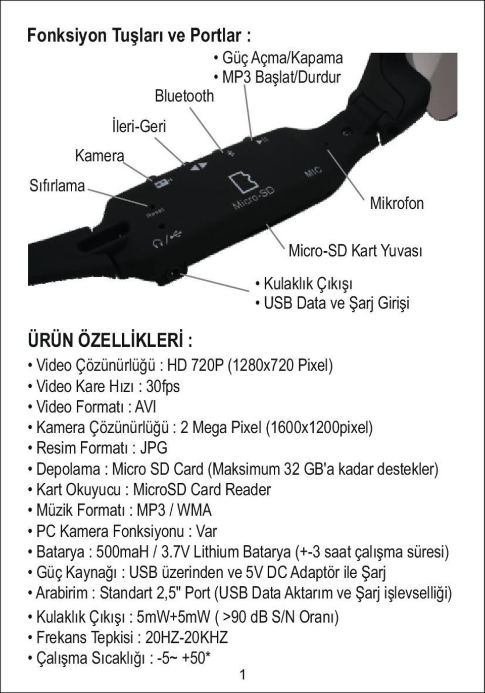 kadar destekler) Kart Okuyucu : MicroSD Card Reader Müzik Formatı : MP3 / WMA PC Kamera Fonksiyonu : Var Batarya : 500maH / 3.