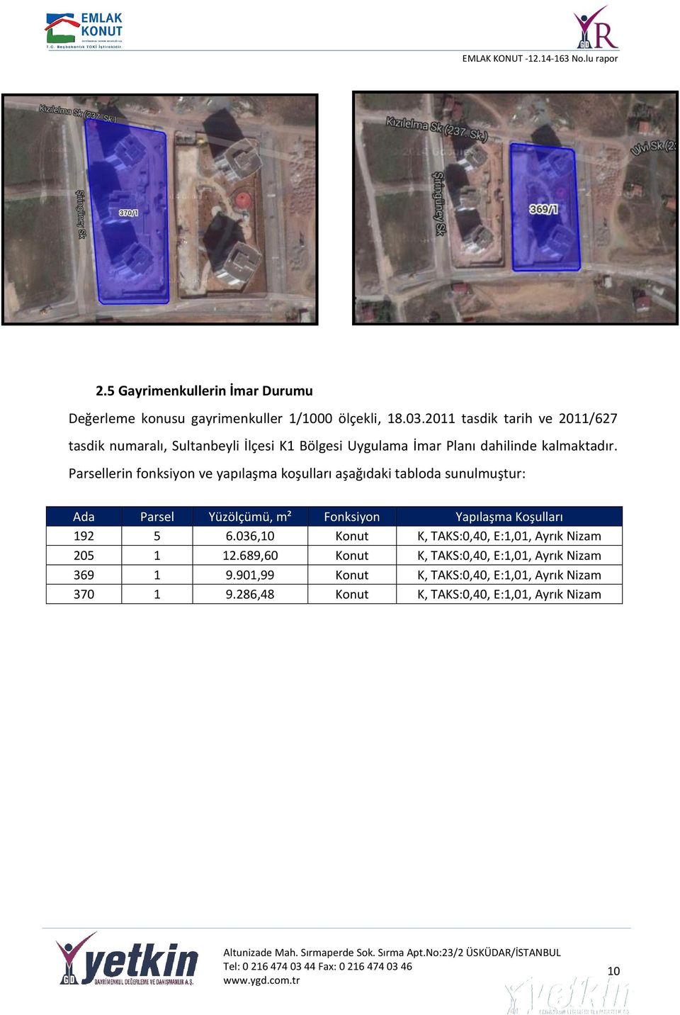 Parsellerin fonksiyon ve yapılaşma koşulları aşağıdaki tabloda sunulmuştur: Ada Parsel Yüzölçümü, m² Fonksiyon Yapılaşma Koşulları 192 5 6.