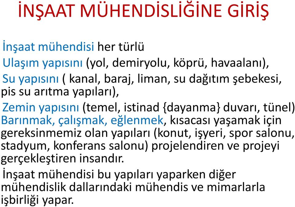 kısacası yaşamak için gereksinmemiz olan yapıları (konut, işyeri, spor salonu, stadyum, konferans salonu) projelendiren ve