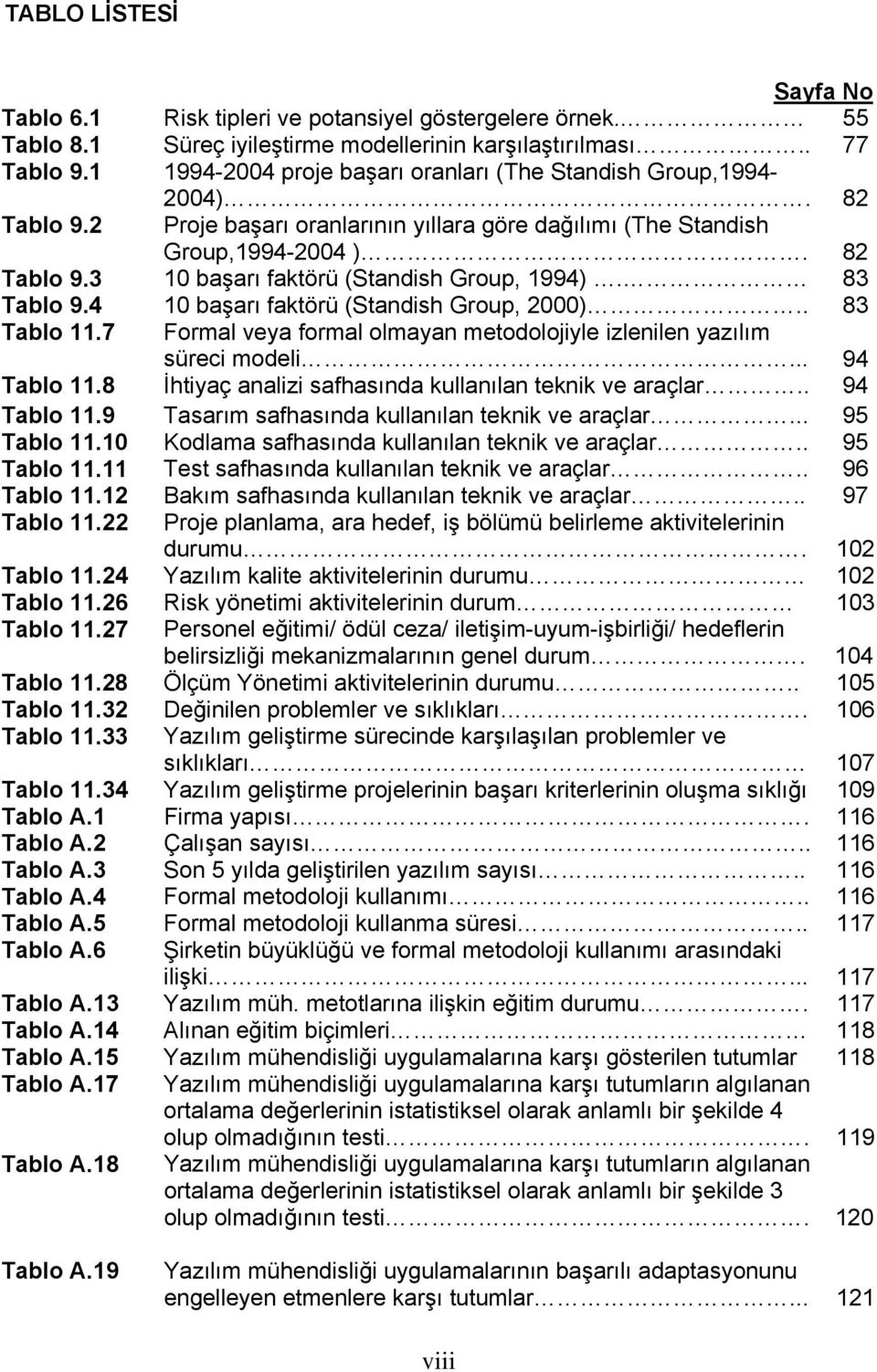 83 Tablo 9.4 10 başarı faktörü (Standish Group, 2000).. 83 Tablo 11.7 Formal veya formal olmayan metodolojiyle izlenilen yazılım süreci modeli... 94 Tablo 11.