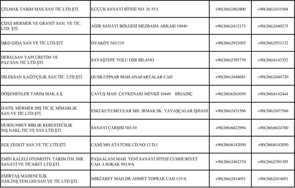 TİC. LTD.ŞTİ. DUMLUPINAR MAH.ANAFARTALAR CAD +90(266)2448681 +90(266)2444720 DÖŞEMENLER TARIM MAK.A.Ş. ÇAVUŞ MAH. ÇAYKENARI MEVKİİ 10440 BİGADİÇ +90(266)6261050 +90(266)6142444 D-STİL MERMER DIŞ TİC.