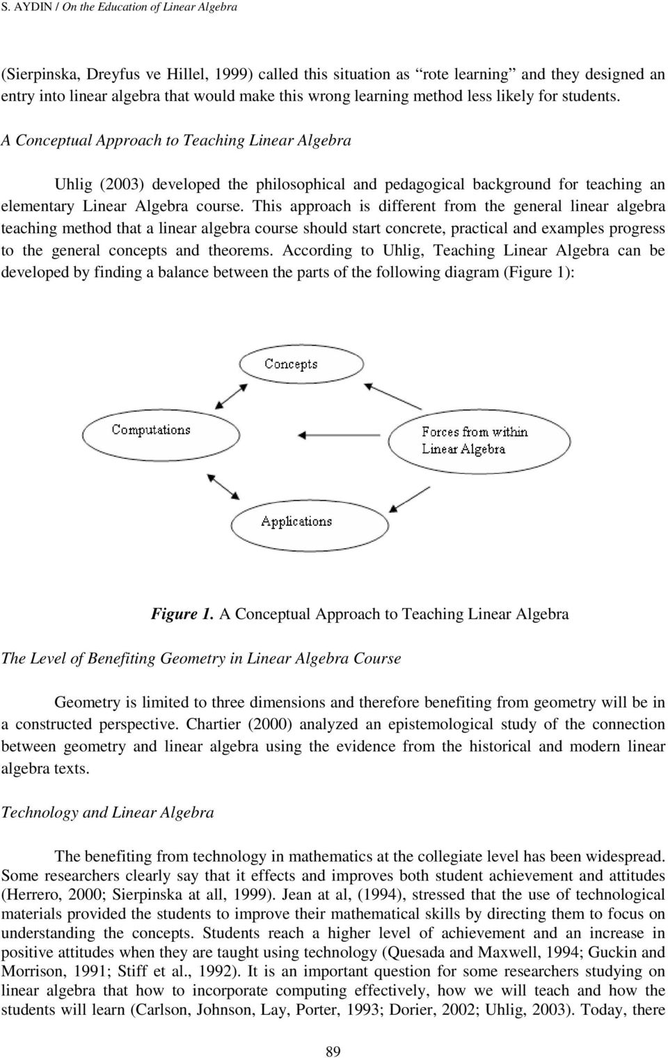 A Conceptual Approach to Teaching Linear Algebra Uhlig (2003) developed the philosophical and pedagogical background for teaching an elementary Linear Algebra course.