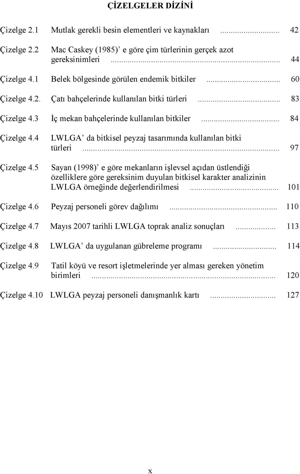 4 Çizelge 4.5 LWLGA da bitkisel peyzaj tasarımında kullanılan bitki türleri.