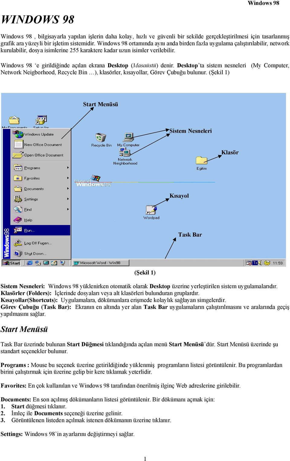 Windows 98 e girildiğinde açılan ekrana Desktop (Masaüstü) denir. Desktop ta sistem nesneleri (My Computer, Network Neigborhood, Recycle Bin ), klasörler, kısayollar, Görev Çubuğu bulunur.