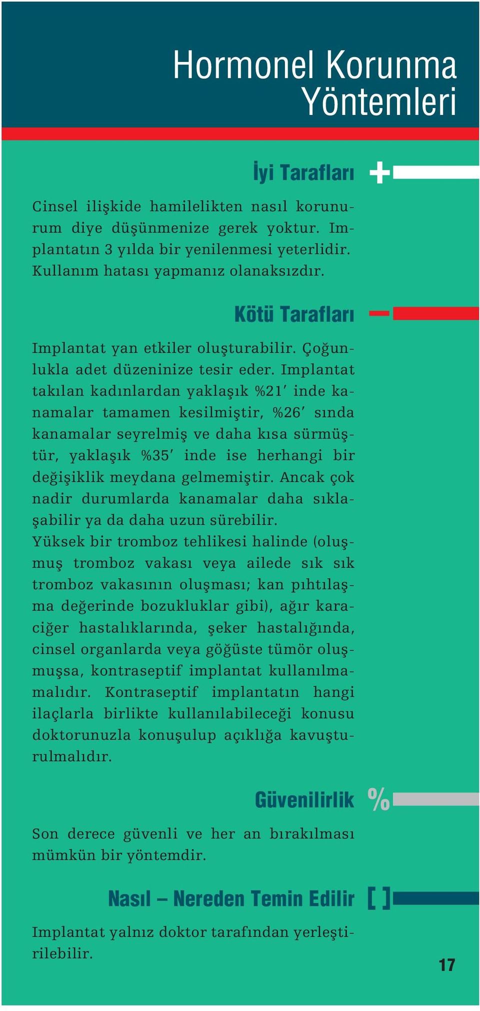 Implantat takılan kadınlardan yaklaƒık %21 inde kanamalar tamamen kesilmiƒtir, %26 sında kanamalar seyrelmiƒ ve daha kısa sürmüƒtür, yaklaƒık %35 inde ise herhangi bir de iƒiklik meydana gelmemiƒtir.