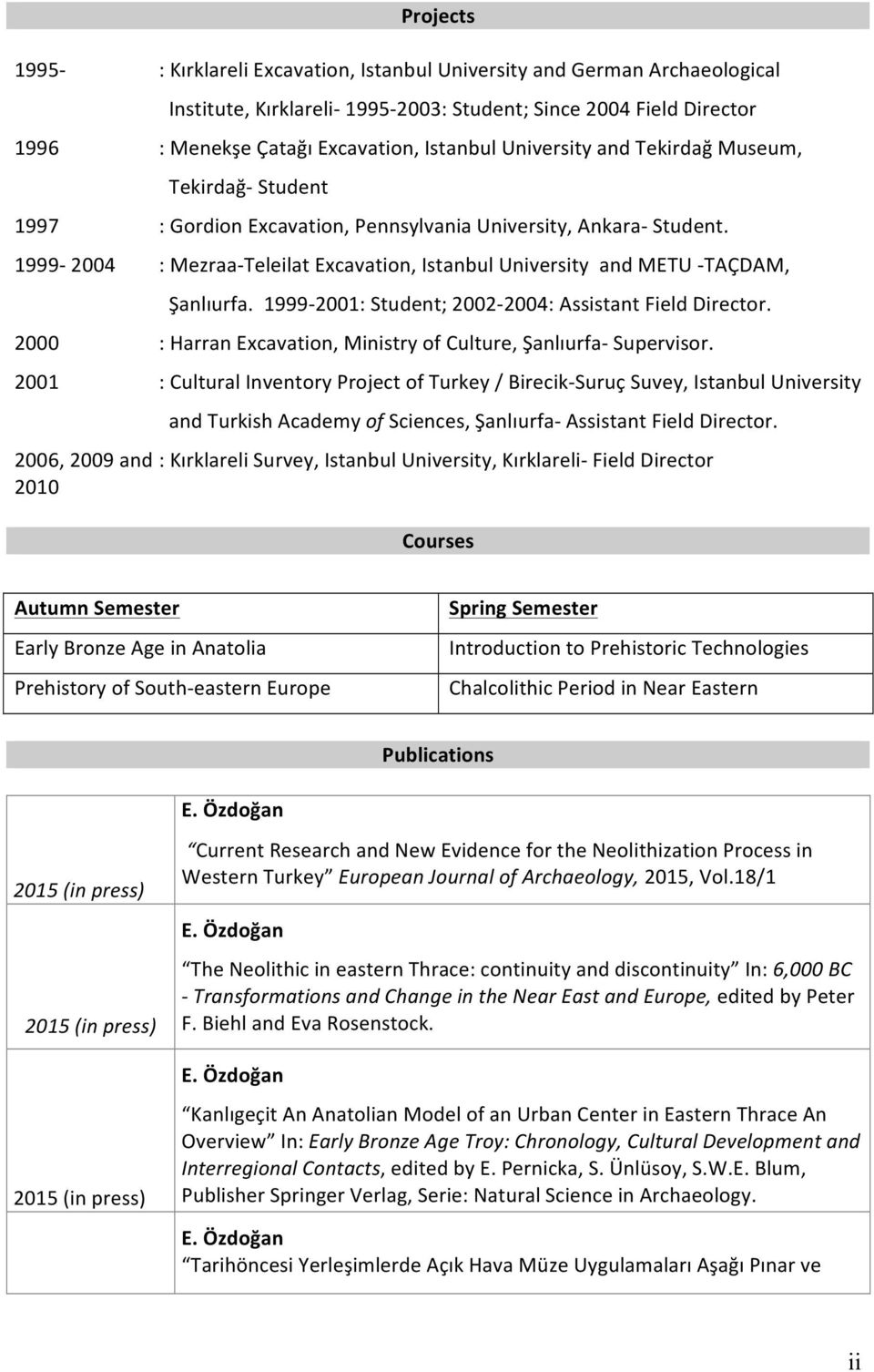 1999-2004 Projects : Mezraa- Teleilat Excavation, Istanbul University and METU - TAÇDAM, Şanlıurfa. 1999-2001: Student; 2002-2004: Assistant Field Director.