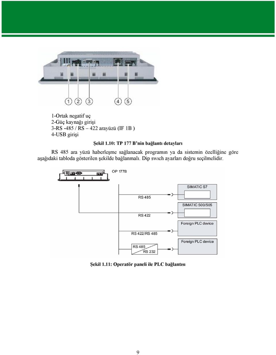 10: TP 177 B nin bağlantı detayları RS 485 ara yüzü haberleşme sağlanacak programın ya