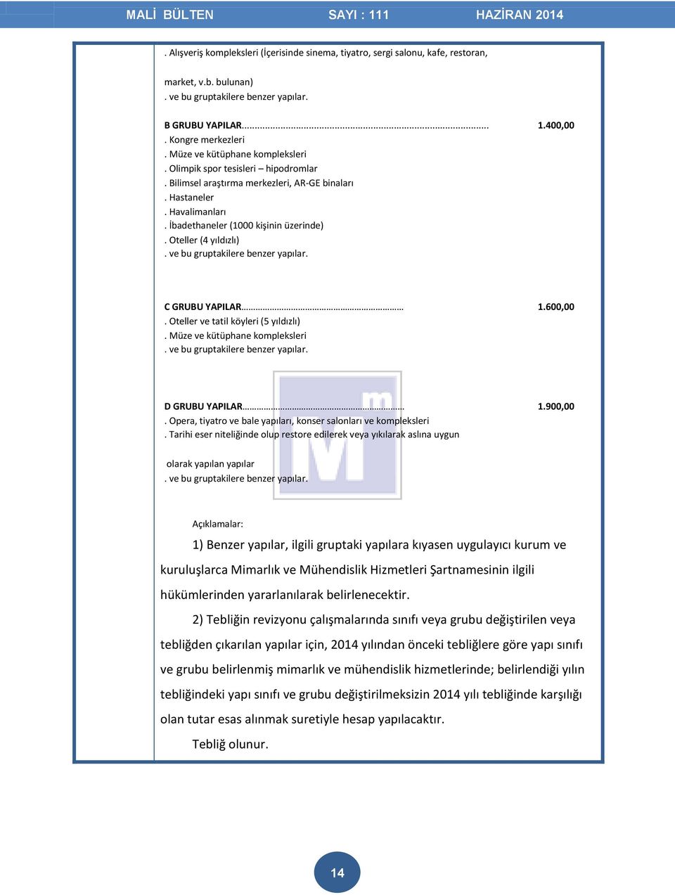 Oteller (4 yıldızlı). ve bu gruptakilere benzer yapılar. C GRUBU YAPILAR 1.600,00. Oteller ve tatil köyleri (5 yıldızlı). Müze ve kütüphane kompleksleri. ve bu gruptakilere benzer yapılar. D GRUBU YAPILAR 1.