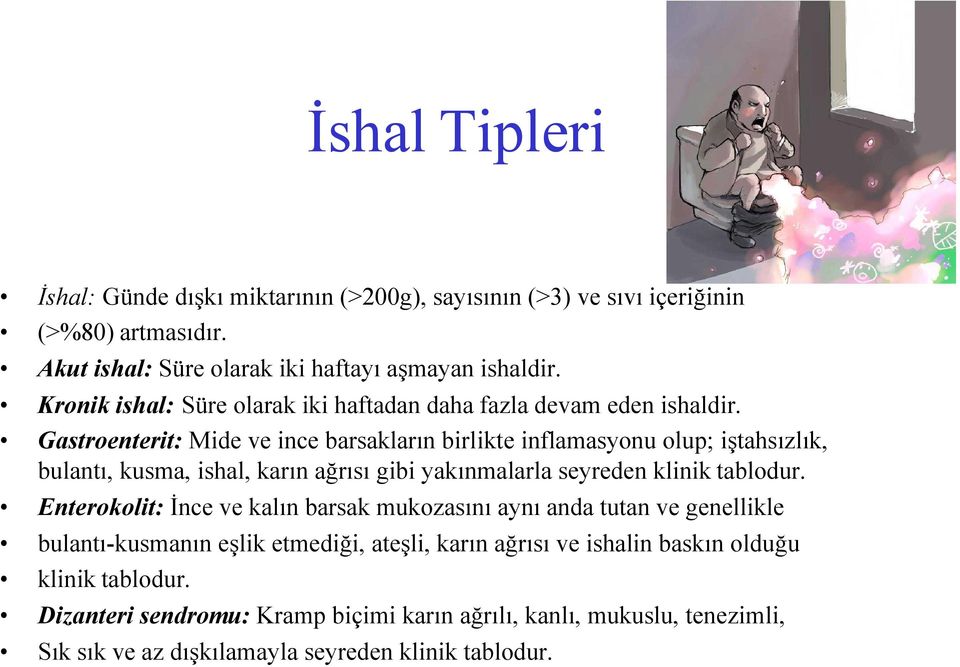 Gastroenterit: Mide ve ince barsakların birlikte inflamasyonu olup; iştahsızlık, bulantı, kusma, ishal, karın ağrısı gibi yakınmalarla seyreden klinik tablodur.