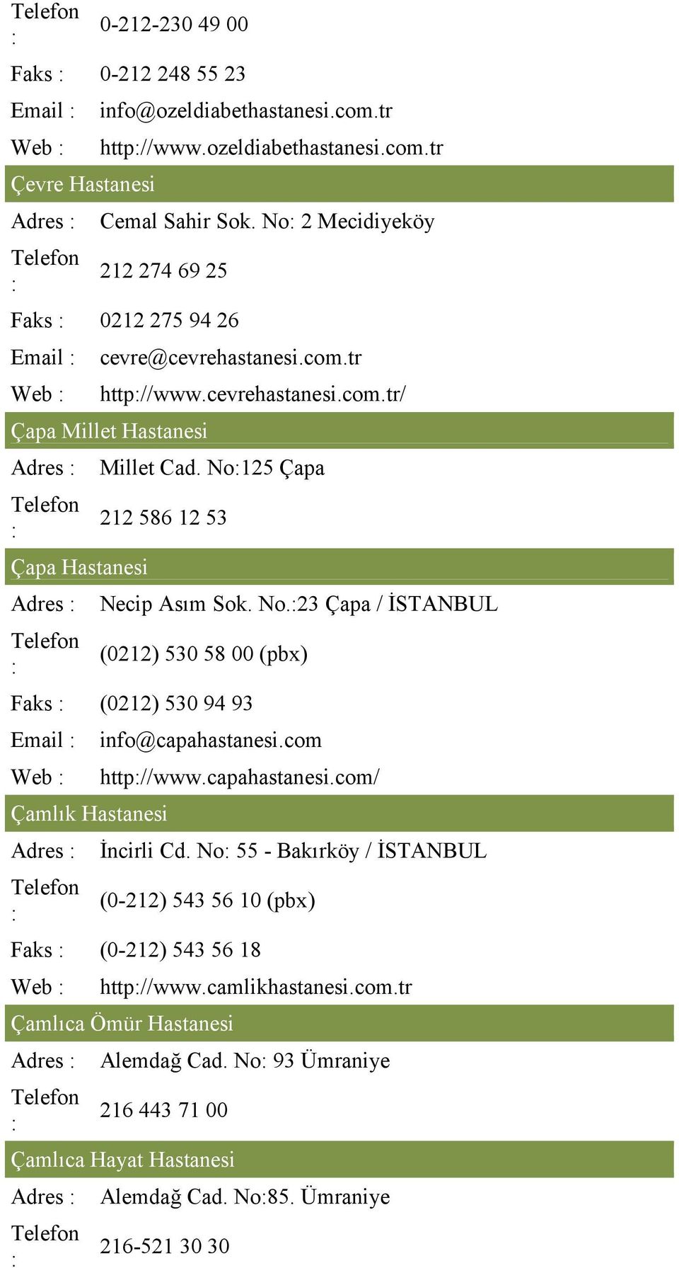 No125 Çapa 212 586 12 53 Necip Asım Sok. No.23 Çapa / İSTANBUL (0212) 530 58 00 (pbx) Faks (0212) 530 94 93 Email Web Çamlık Hastanesi Adres info@capahastanesi.com http//www.capahastanesi.com/ İncirli Cd.