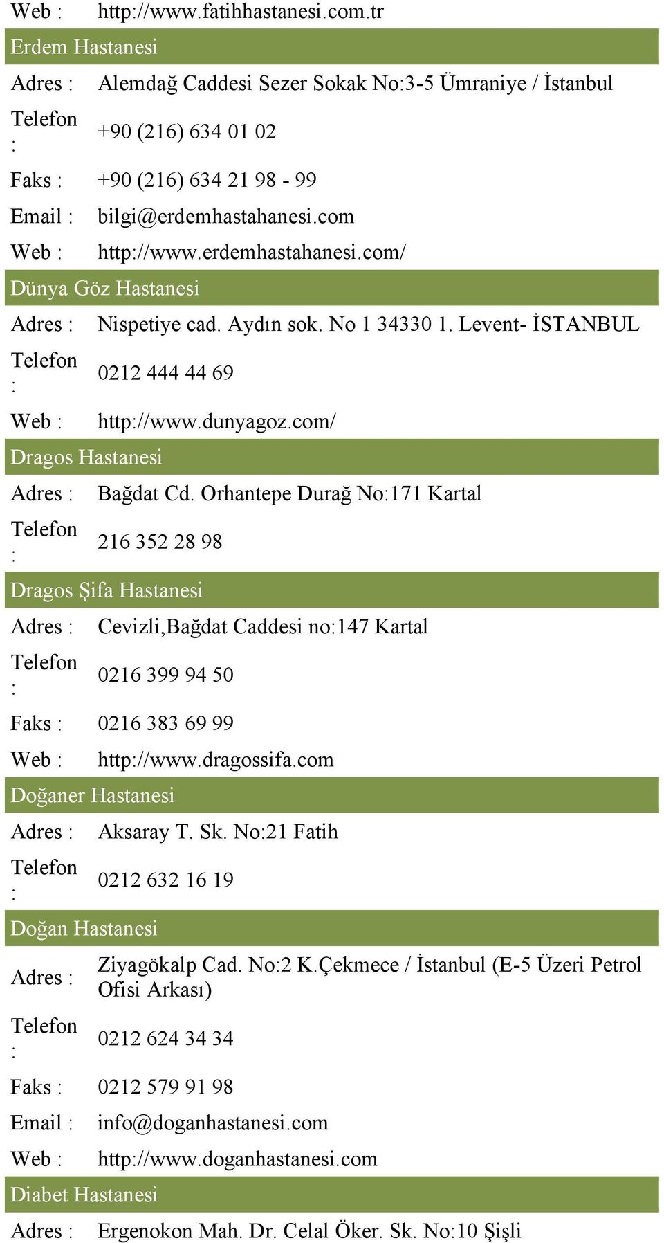 Orhantepe Durağ No171 Kartal 216 352 28 98 Dragos Şifa Hastanesi Adres Cevizli,Bağdat Caddesi no147 Kartal 0216 399 94 50 Faks 0216 383 69 99 Web Doğaner Hastanesi Adres Doğan Hastanesi Adres