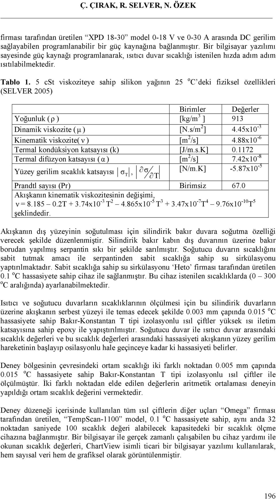 5 cst viskoziteye sahip silikon yağının 25 o deki fiziksel özellikleri (SELVER 2005) Birimler Değerler Yoğunluk (ρ ) [kg/m 3 ] 913 Dinamik viskozite (μ ) [N.s/m 2 ] 4.