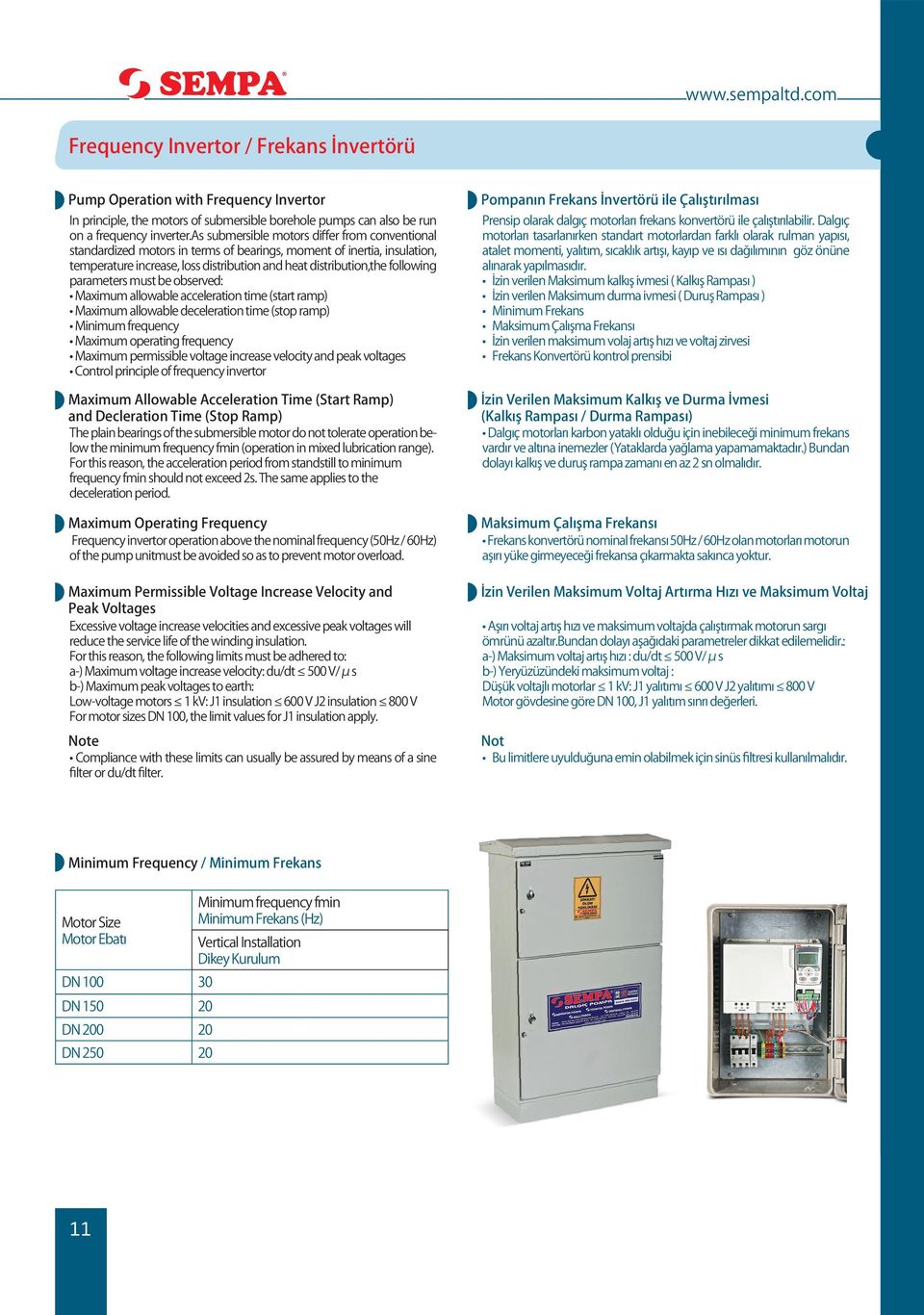 parameters must be observed: Maximum allowable acceleration time (start ramp) Maximum allowable deceleration time (stop ramp) Minimum frequency Maximum operating frequency Maximum permissible voltage