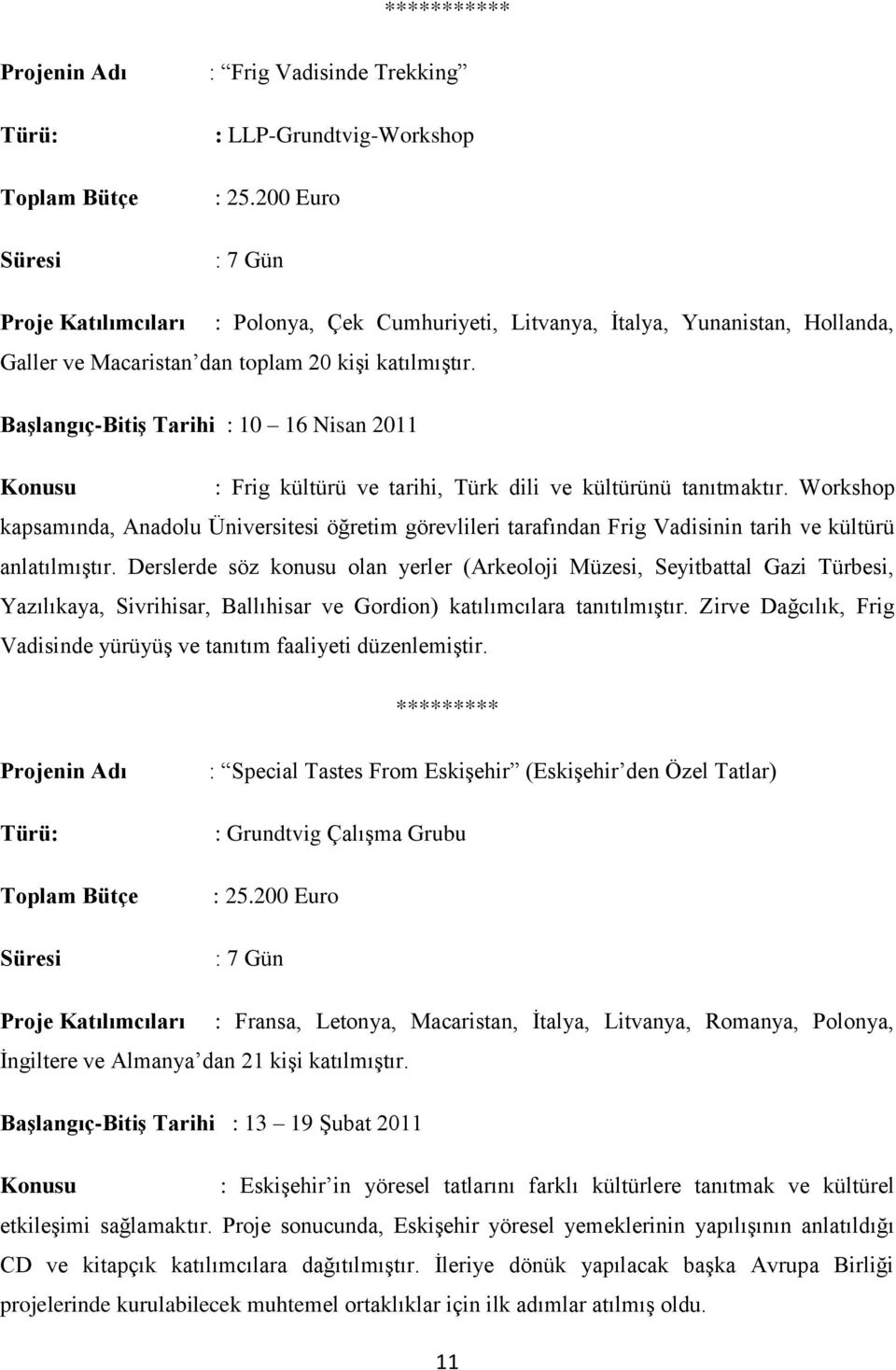 Başlangıç-Bitiş Tarihi : 10 16 Nisan 2011 : Frig kültürü ve tarihi, Türk dili ve kültürünü tanıtmaktır.