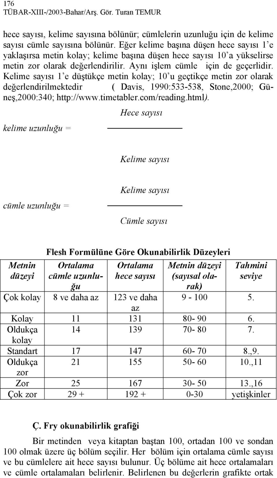 Kelime sayısı 1 e düştükçe metin kolay; 10 u geçtikçe metin zor olarak değerlendirilmektedir ( Davis, 1990:533-538, Stone,2000; Güneş,2000:340; http://www.timetabler.com/reading.html).