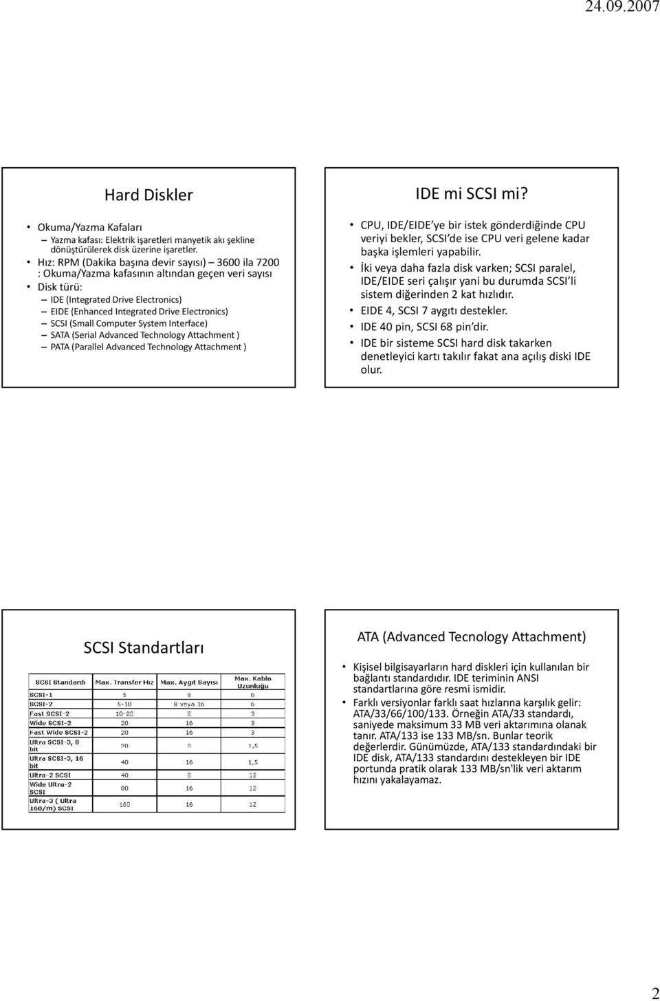 SCSI (Small Computer System Interface) SATA (Serial Advanced Technology Attachment ) PATA (Parallel Advanced Technology Attachment ) CPU, IDE/EIDE ye bir istek gönderdiğinde CPU veriyi bekler, SCSI